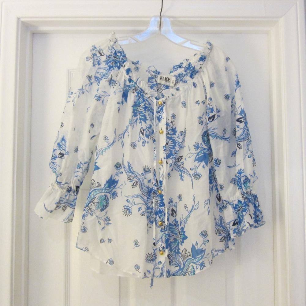 Alice by Temperley Blue & White Floral Cotton & Silk Blouse NWT